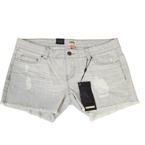 ONLY Womens Denim Shorts W29 LIight Gray Distressed Frayed Hem Low Rise NWT